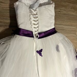 Elegant White and Purple Butterfly Dress Size M